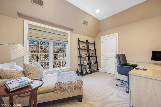 office with lofted ceiling, visible vents, light carpet, and recessed lighting