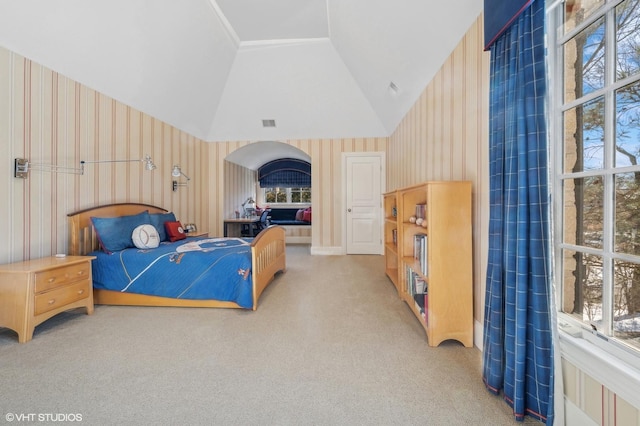 bedroom featuring high vaulted ceiling, carpet flooring, and wallpapered walls