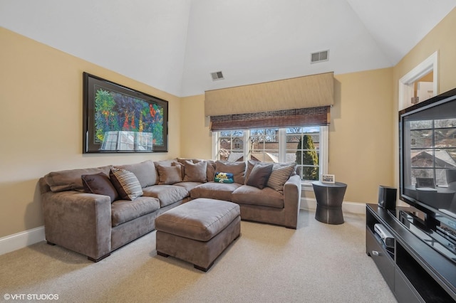 living area featuring light carpet, high vaulted ceiling, baseboards, and visible vents