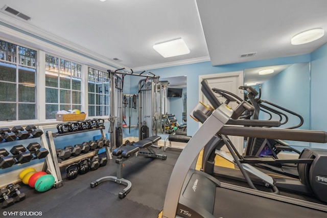 workout area with ornamental molding and visible vents