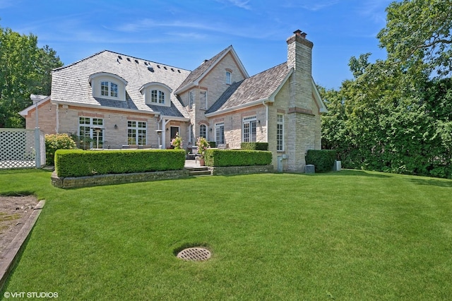 back of property with a high end roof, stone siding, a lawn, and a chimney