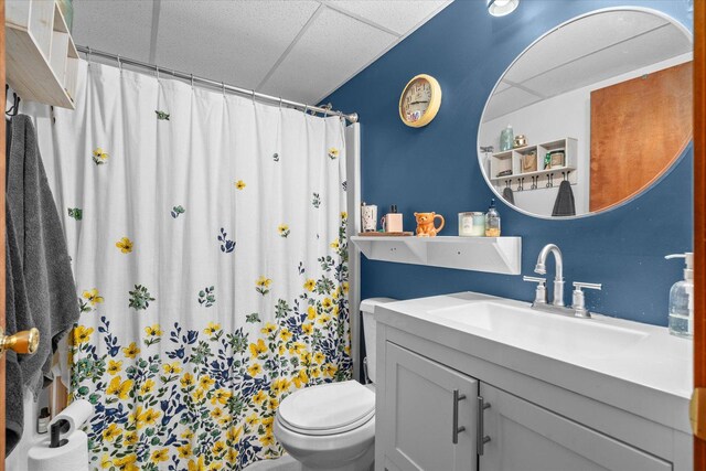 4461 N Il State Route 23, Leland, IL 60531 - bathroom with a shower with shower curtain, a drop ceiling, toilet, and vanity