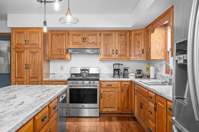 4461 N Il State Route 23, Leland, IL 60531 - kitchen with a sink, stainless steel appliances, dark wood-type flooring, under cabinet range hood, and brown cabinets