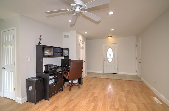 office area featuring visible vents, baseboards, light wood-style flooring, and recessed lighting