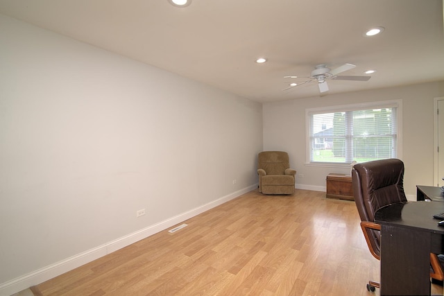 office area with ceiling fan, recessed lighting, visible vents, baseboards, and light wood-style floors