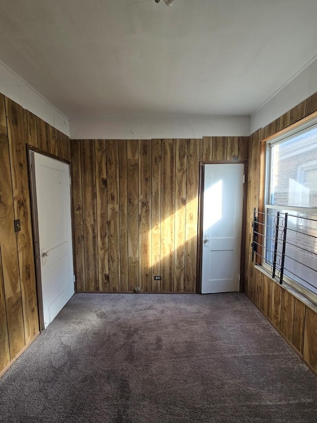 spare room with wood walls and dark colored carpet