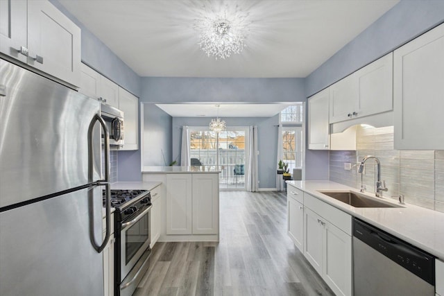 kitchen with appliances with stainless steel finishes, a notable chandelier, a sink, and white cabinetry