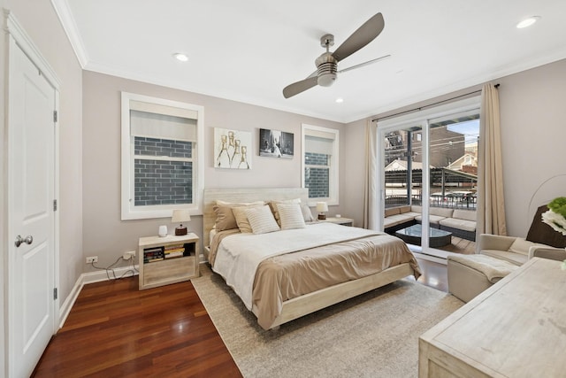 1418 W Chestnut St Unit 1, Chicago, IL 60642 - bedroom featuring access to outside, crown molding, dark wood-style floors, recessed lighting, and ceiling fan
