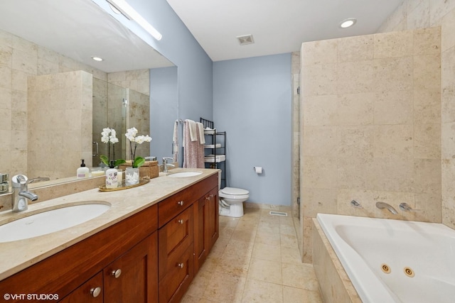 1418 W Chestnut St Unit 1, Chicago, IL 60642 - bathroom with a whirlpool tub, double vanity, a shower stall, tile patterned flooring, and recessed lighting
