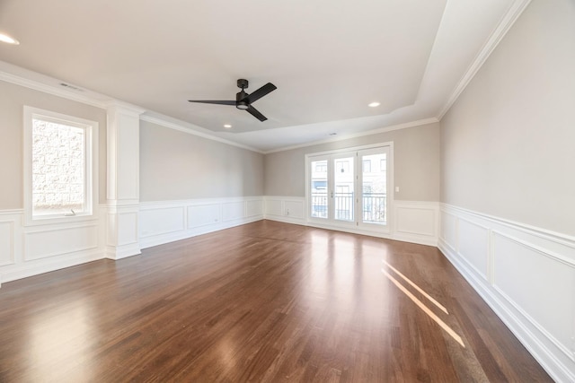 unfurnished room with dark wood-style floors, recessed lighting, visible vents, and ceiling fan