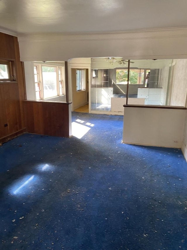 empty room with carpet floors, ornamental molding, and wooden walls