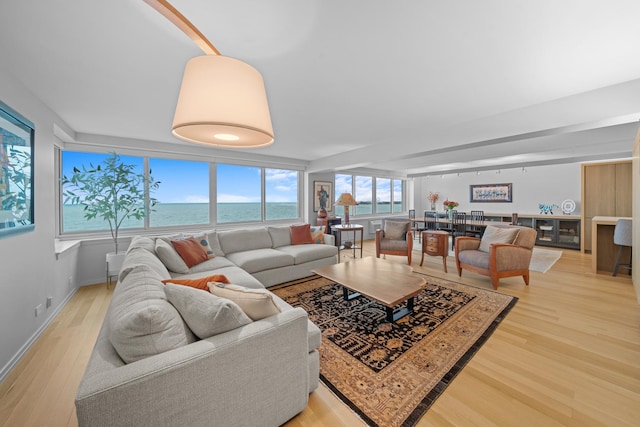 living area featuring baseboards, a water view, and light wood finished floors