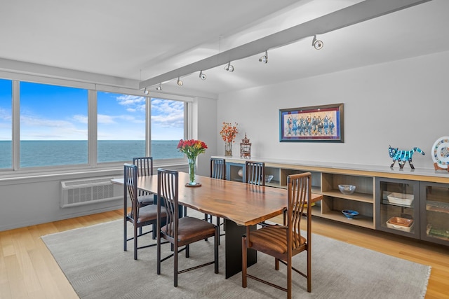 dining area featuring a water view, light wood finished floors, and track lighting