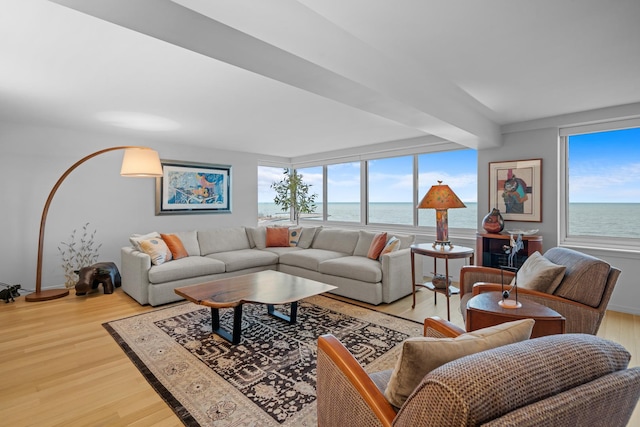 living area with a water view and wood finished floors