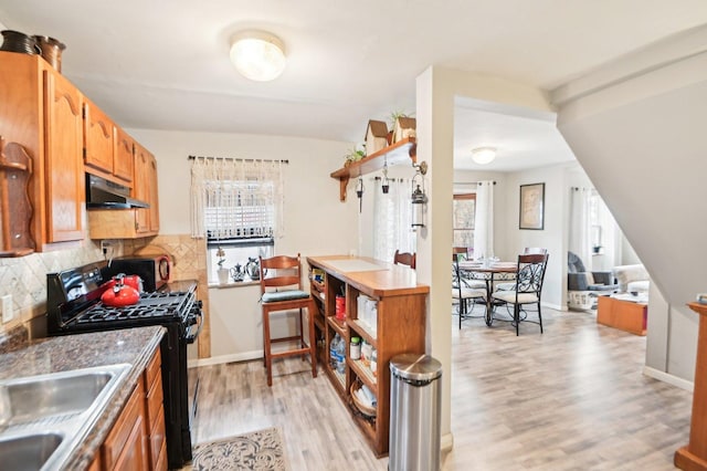 kitchen featuring range with gas stovetop, backsplash, light wood-style flooring, a sink, and under cabinet range hood