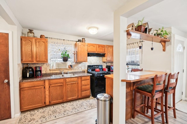 kitchen featuring a healthy amount of sunlight, black range with gas cooktop, under cabinet range hood, and a sink