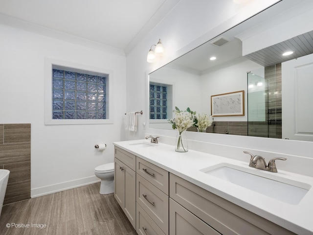 full bathroom featuring toilet, a sink, visible vents, and baseboards