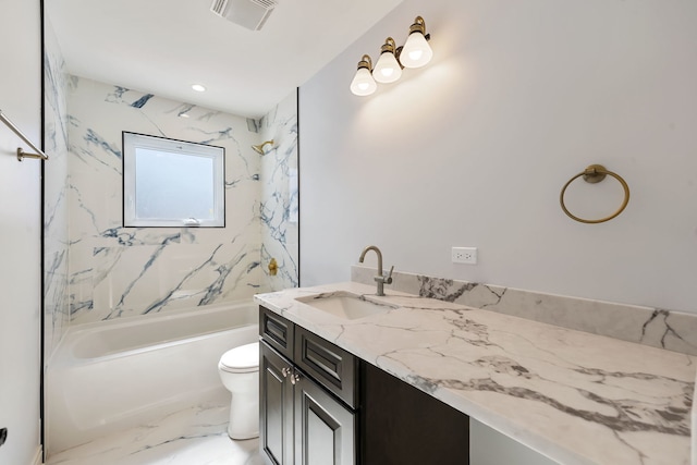 bathroom featuring marble finish floor, visible vents, toilet, vanity, and  shower combination