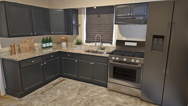 41 E 100th Pl, Chicago, IL 60628 - kitchen featuring refrigerator with ice dispenser, under cabinet range hood, stainless steel range with gas cooktop, and light stone counters