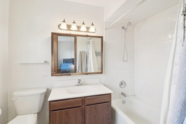 bathroom featuring toilet, shower / bath combination with curtain, and vanity