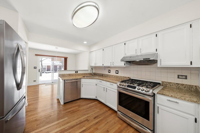 kitchen featuring under cabinet range hood, white cabinetry, stainless steel appliances, and a sink