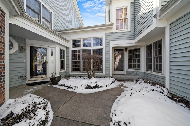 view of snow covered patio