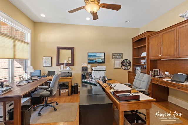 office space featuring light wood-style floors, recessed lighting, and ceiling fan