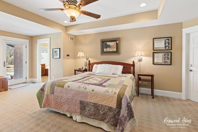 bedroom featuring light carpet, visible vents, baseboards, a ceiling fan, and access to exterior