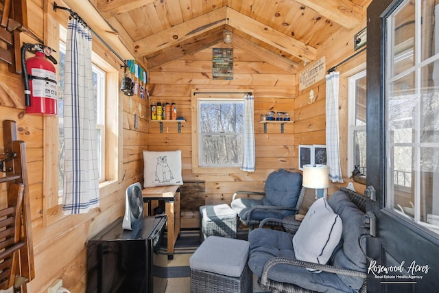 sitting room with wooden ceiling, wooden walls, and lofted ceiling with beams