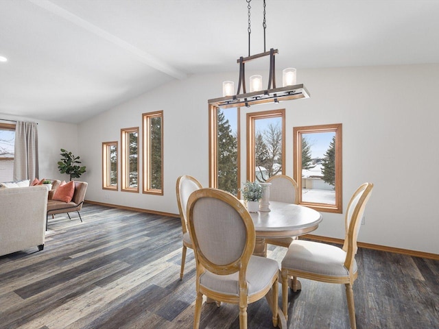 dining room featuring lofted ceiling with beams, dark wood-style floors, a chandelier, and baseboards