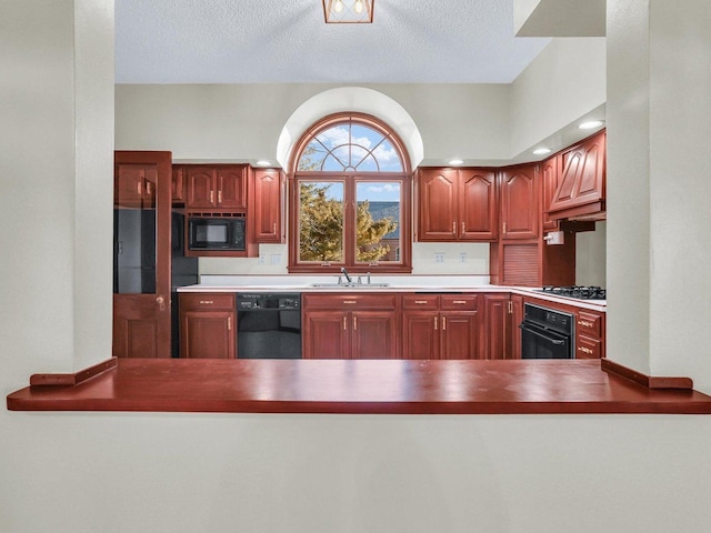 kitchen featuring black appliances, a textured ceiling, dark brown cabinets, and a sink