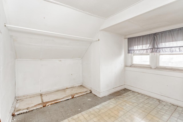 additional living space with light floors and vaulted ceiling