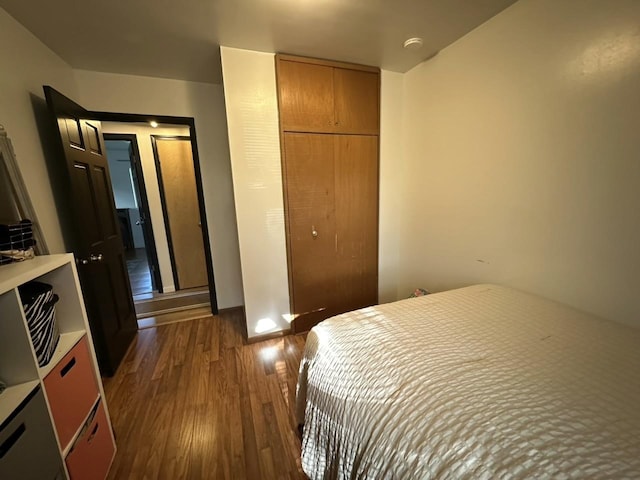 bedroom with dark wood-style floors and a closet