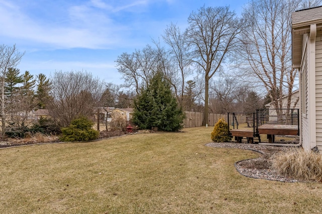 view of yard featuring fence and a wooden deck