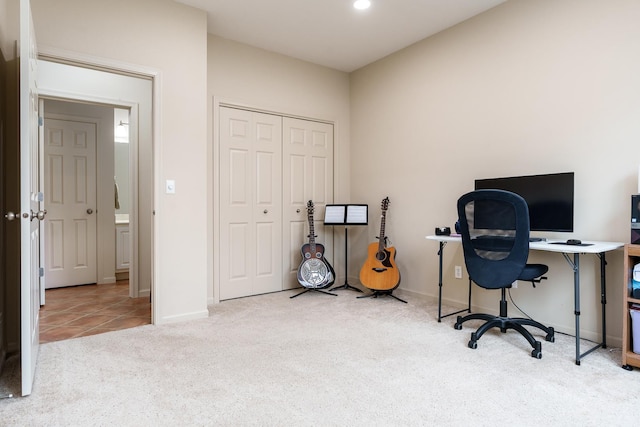 carpeted office with recessed lighting, tile patterned flooring, and baseboards