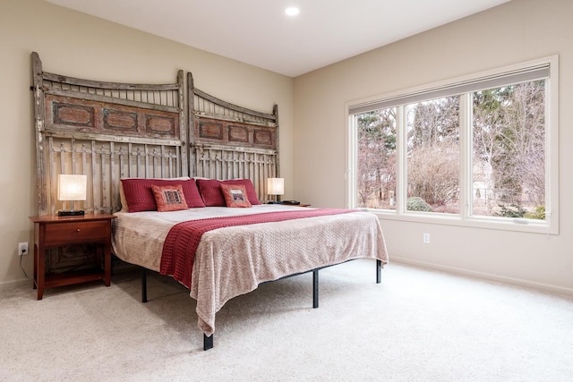 bedroom featuring carpet floors, recessed lighting, and baseboards