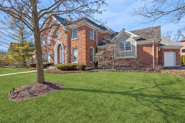 view of front of home featuring brick siding, a garage, a chimney, and a front lawn