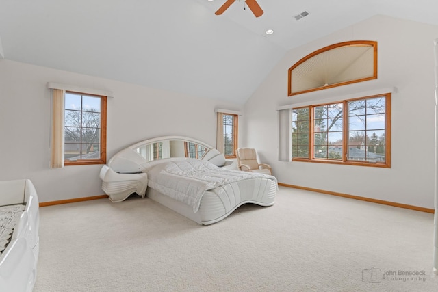 carpeted bedroom with visible vents, baseboards, ceiling fan, high vaulted ceiling, and recessed lighting