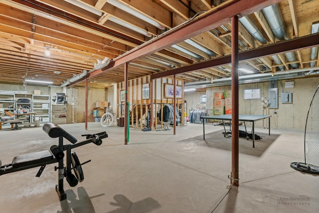 unfinished basement with electric panel