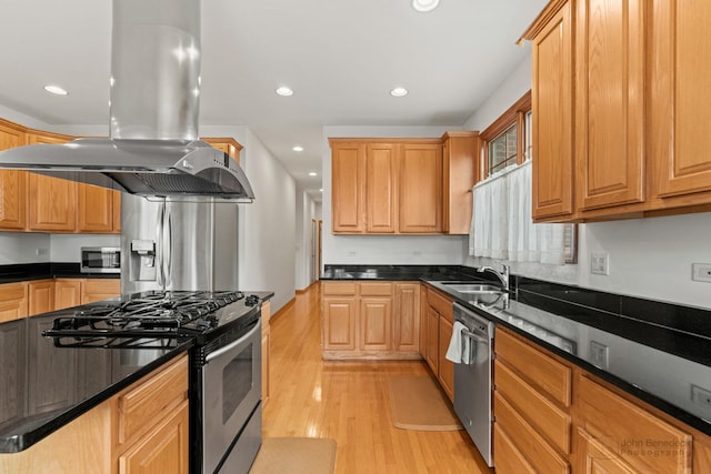 kitchen with stainless steel appliances, recessed lighting, a sink, island range hood, and light wood-type flooring