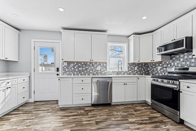 kitchen with dark wood-style floors, stainless steel appliances, a sink, and light countertops