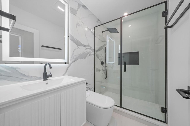 full bath with toilet, a marble finish shower, vanity, and recessed lighting