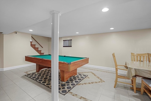 game room with recessed lighting, light tile patterned flooring, and baseboards