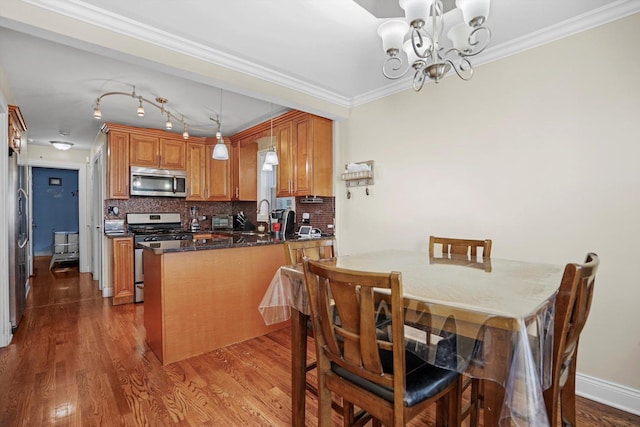 kitchen with stainless steel appliances, a peninsula, dark wood finished floors, and pendant lighting