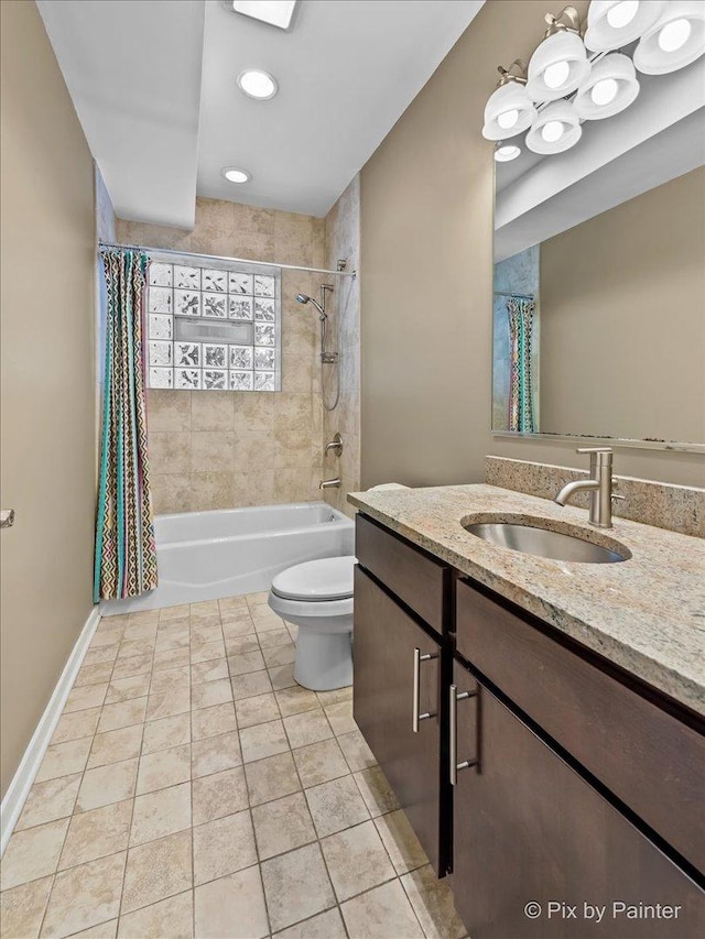 full bath with baseboards, toilet, tile patterned flooring, shower / bath combination with curtain, and vanity