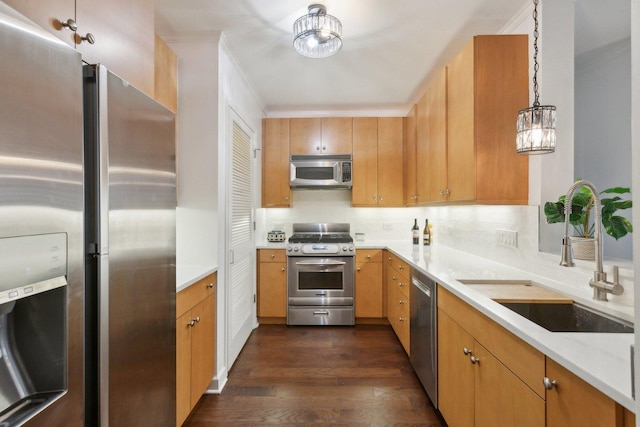 kitchen featuring stainless steel appliances, a sink, backsplash, dark wood finished floors, and decorative light fixtures