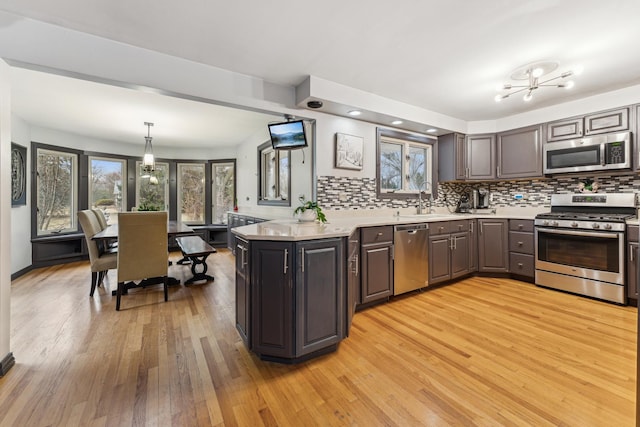 26980 N Pierre Dr, Mundelein, IL 60060 - kitchen featuring appliances with stainless steel finishes, a chandelier, light wood finished floors, and decorative backsplash