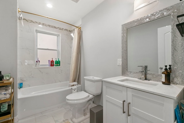 bathroom with toilet, marble finish floor, shower / bath combo, and vanity