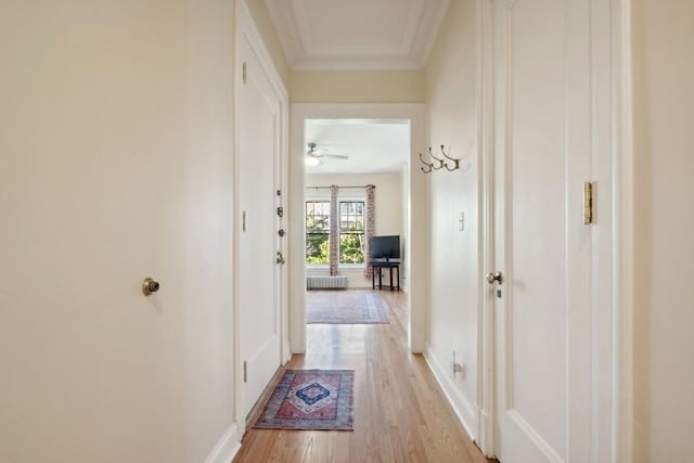 corridor with baseboards, ornamental molding, and light wood-style floors