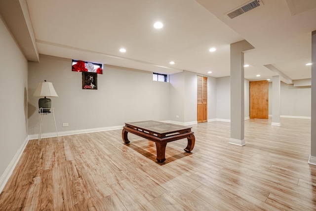 recreation room with light wood finished floors, visible vents, and recessed lighting